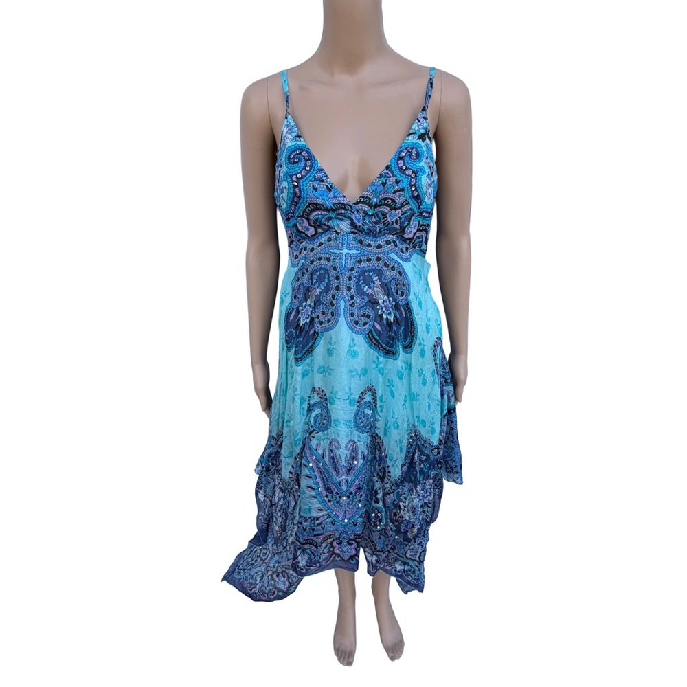 vintage blue boho 100% silk beaded sequin dress paisley print handkerchief hem